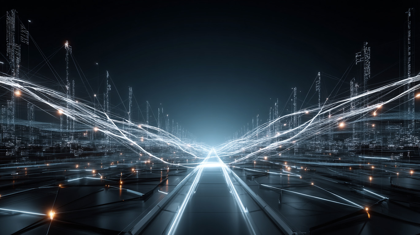 A conceptual visualization of interconnected data nodes and domain-driven architecture representing Data Mesh and Data Fabric.