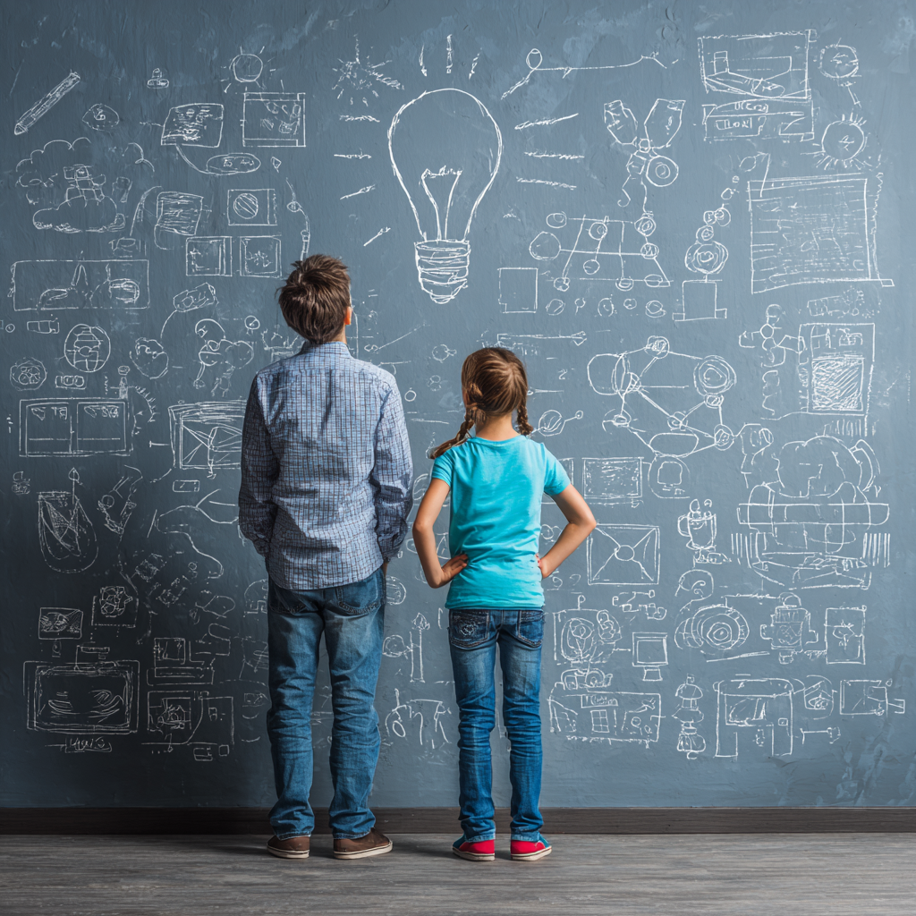 two children standing in front of a chalkboard with doodles and drawings, including a light bulb. the concept represents education or business idea creation for young people. stock photo, high detail, ultra-realistic photography.