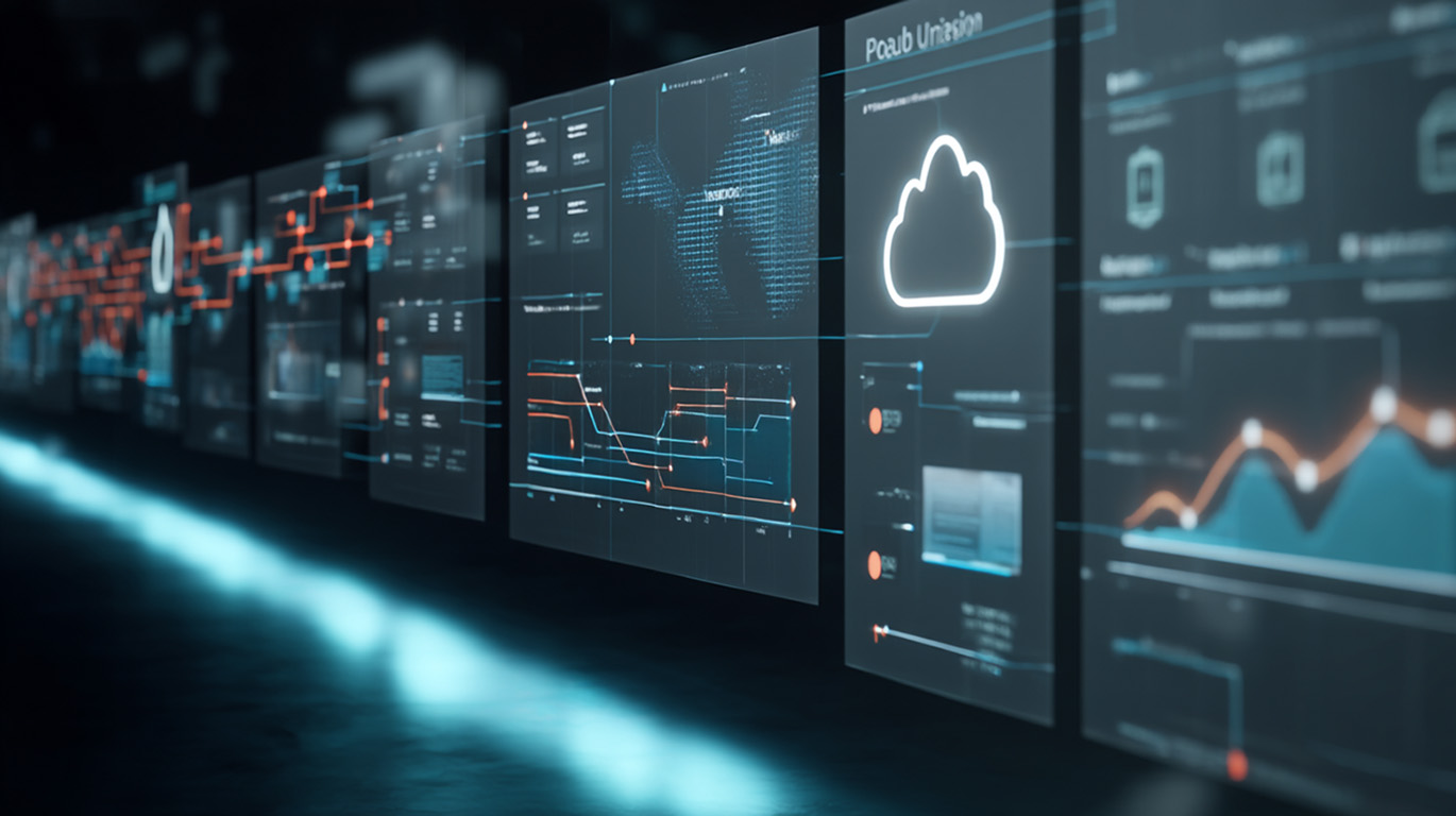 A visual of cloud compute environments with scattered data systems representing cloud sprawl and complexity.
