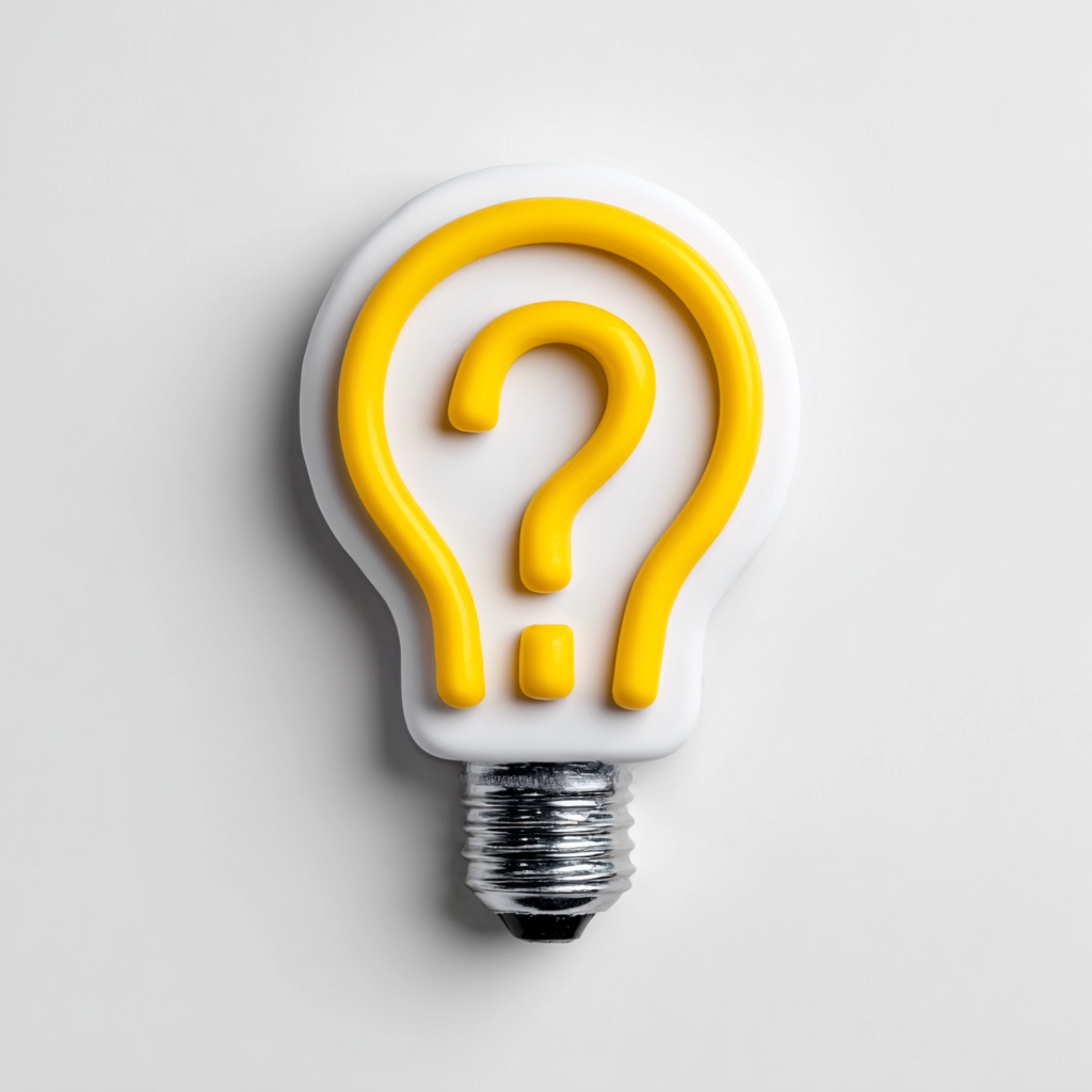 a single glowing question mark inside a clean lightbulb, minimal flat icon style, white background, symbolic of thoughtful problem solving and clarity, centered, square image