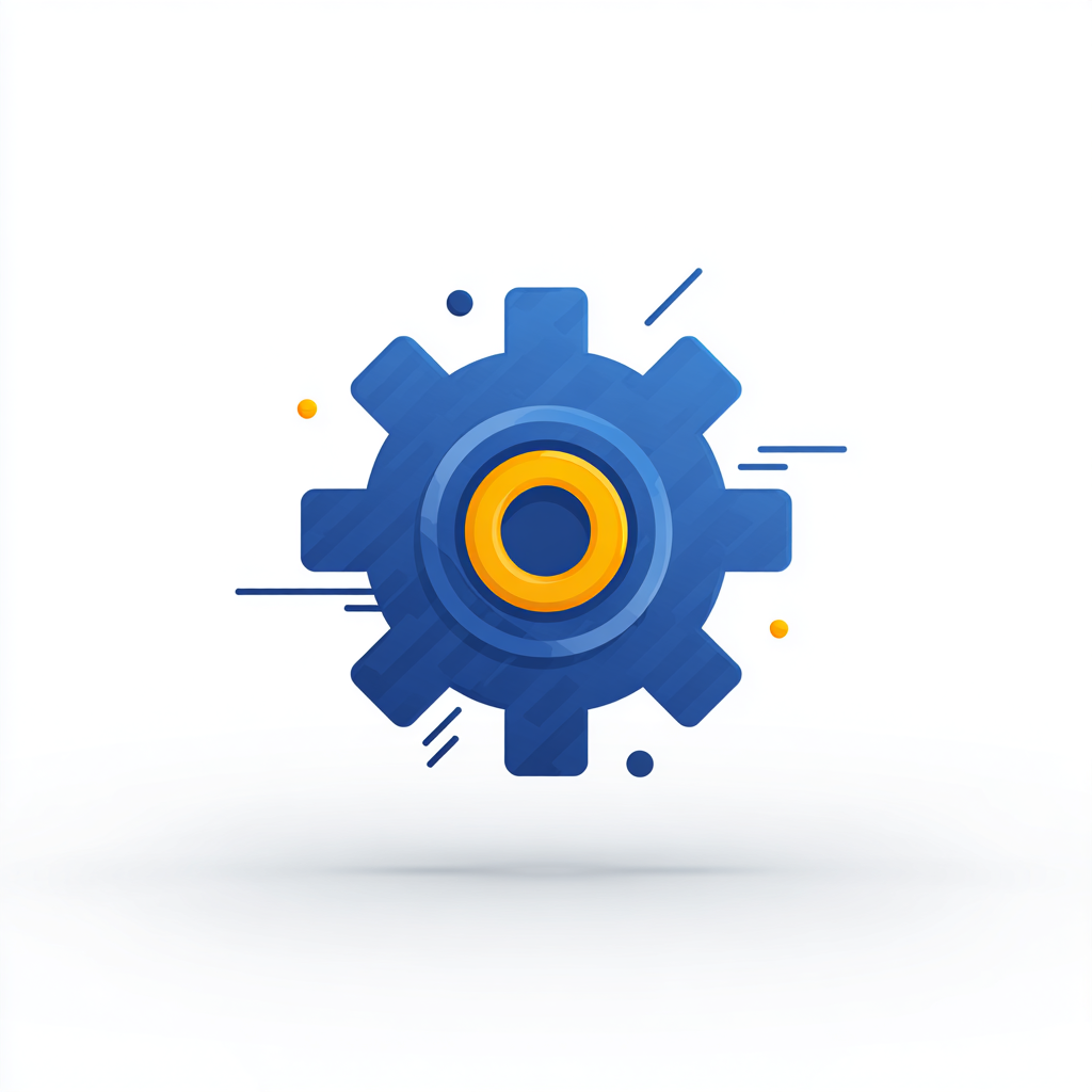 a single blue spinning gear with subtle motion trails, clean flat icon style, symbolic of real work and progress, white background, minimal design, centered, square image, navy blue and yellow palette, sharp lines