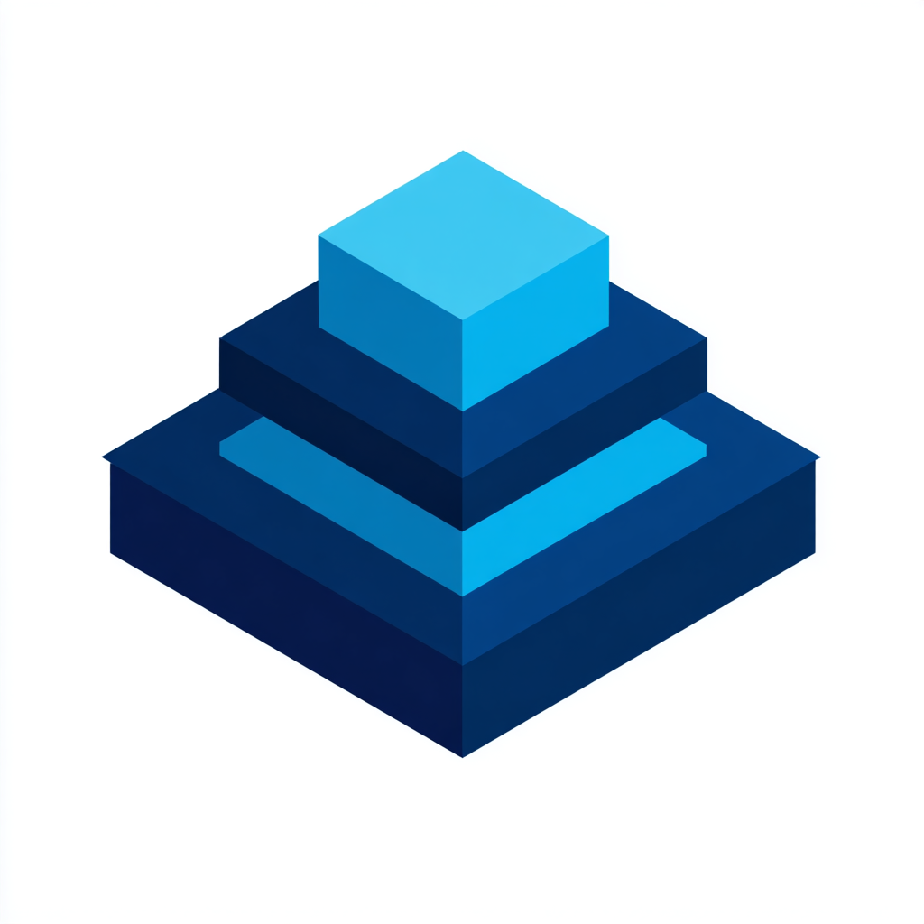 a strong navy block at the base with smaller light blue blocks stacked upward, flat isometric icon style, symbolic of solid foundation and scale, clean white background, minimal design, centered, square format, matching brand colors