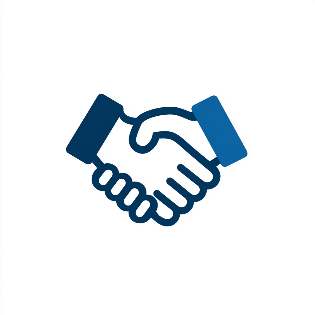 two stylized hands in a firm handshake, one yellow and one navy, clean flat icon style, centered on white background, symbolic of collaboration and empowerment, square image, simple and bold design