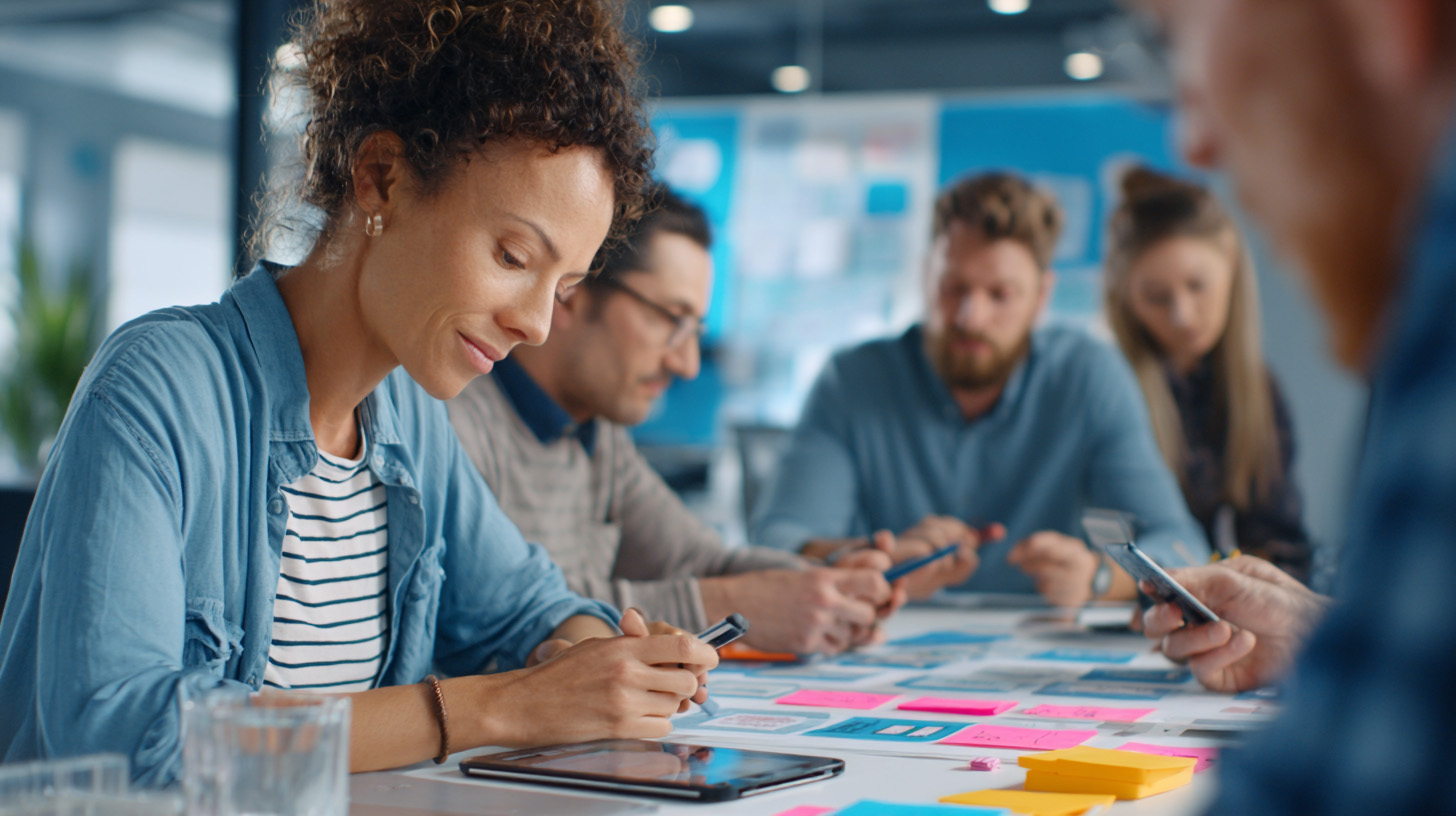 Close-up of a diverse team of learning designers and product strategists collaborating over wireframes, curriculum pages, and tablet prototypes