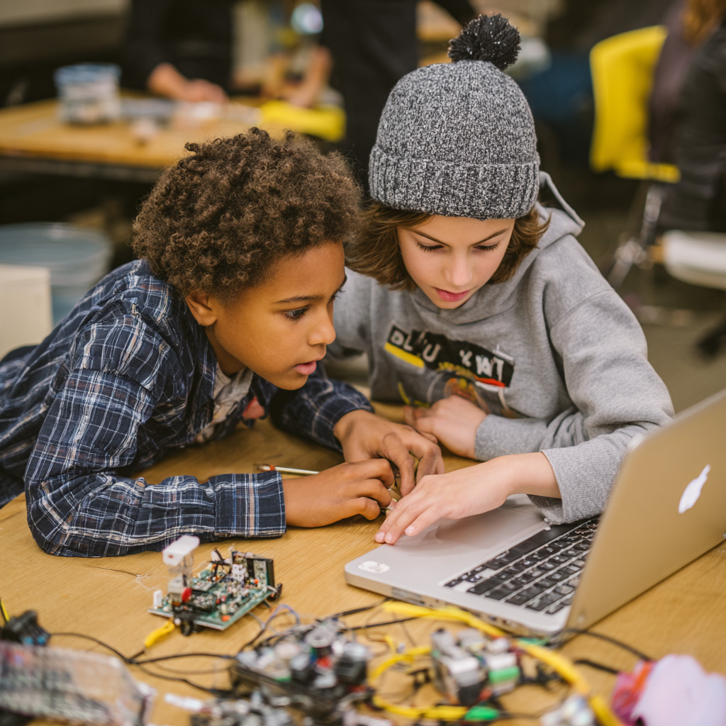 a photograph of two middle school students working on an engineering project with laptops and tools, surrounded by various electronic components like motherboards and circuit boards. they appear focused yet joyful in their creativity as they collaborate to build something innovative.