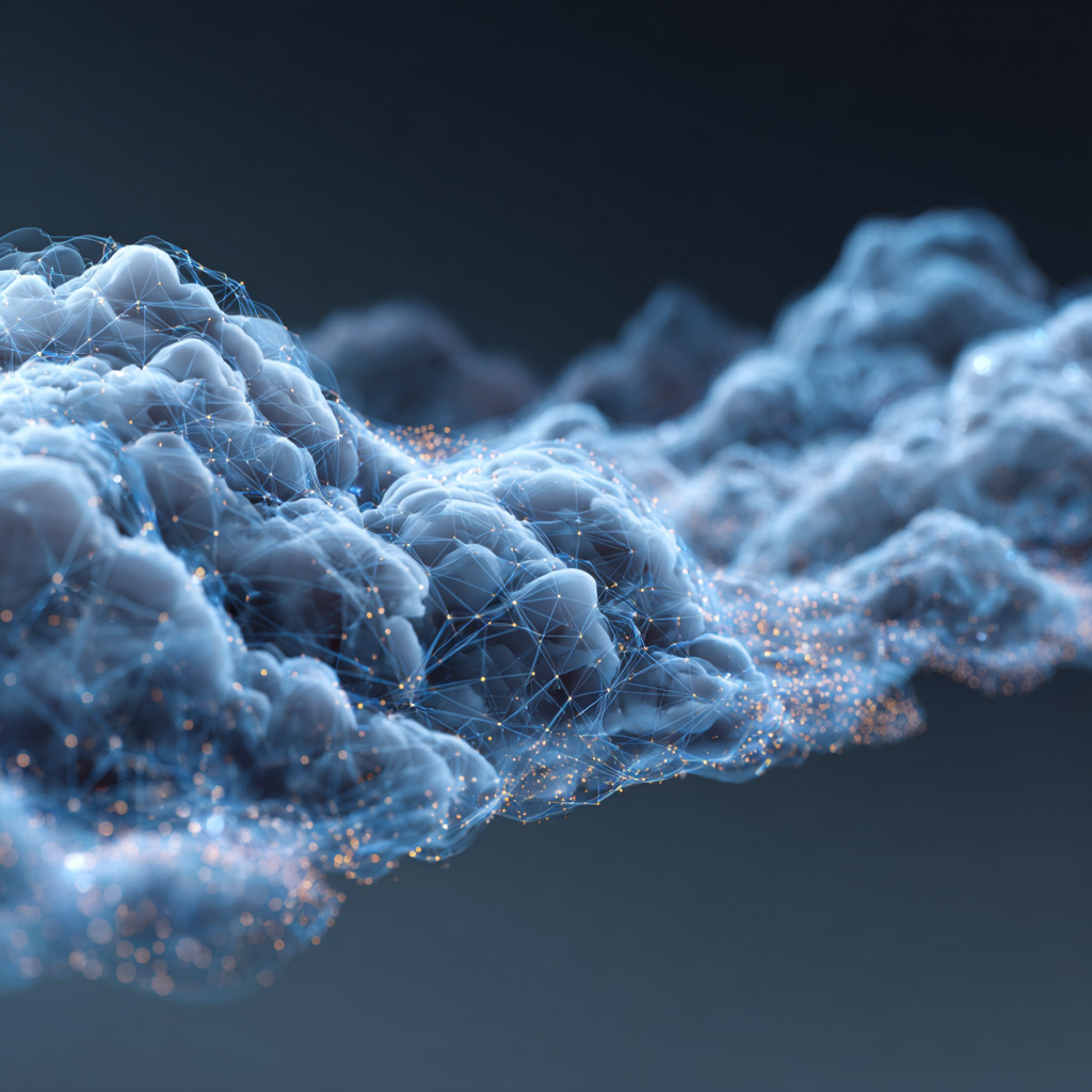 abstract cloud infrastructure visualization, flowing data streams, cloud compute icons, modern minimal enterprise aesthetic