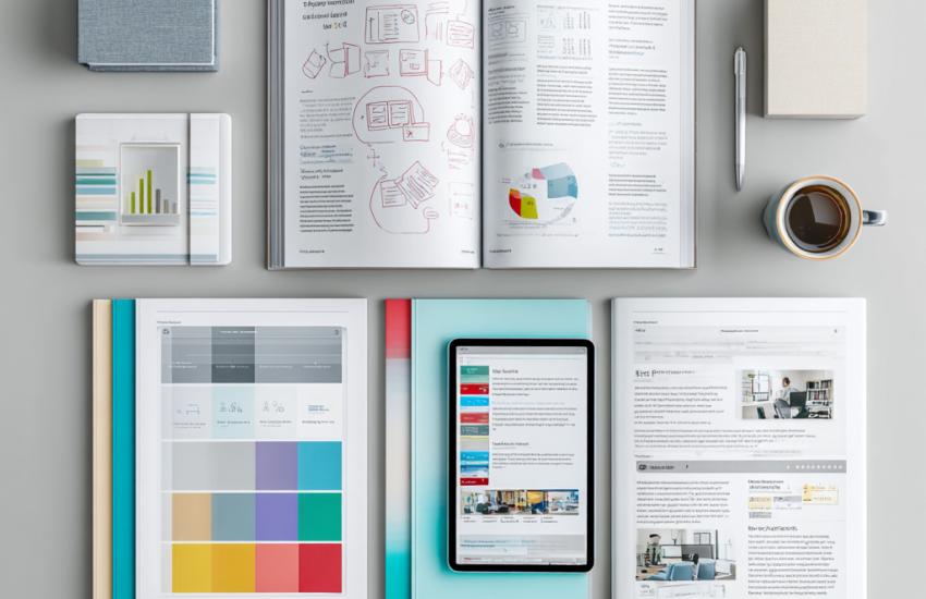 hybrid learning materials spread on workspace, open book with concept diagrams, digital tablet showing educational content UI, structured worksheets, 