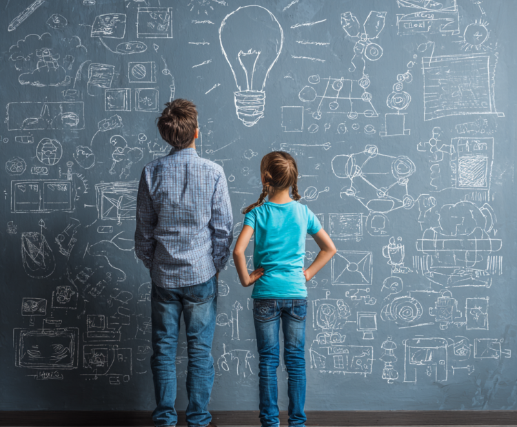 two children standing in front of a chalkboard with doodles and drawings, including a light bulb. the concept represents education or business idea creation for young people. stock photo, high detail, ultra-realistic photography.