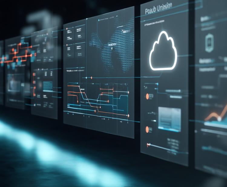 A visual of cloud compute environments with scattered data systems representing cloud sprawl and complexity.