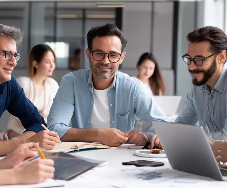 A team discussing data insights during a transformation workshop, reviewing dashboards and metrics together.