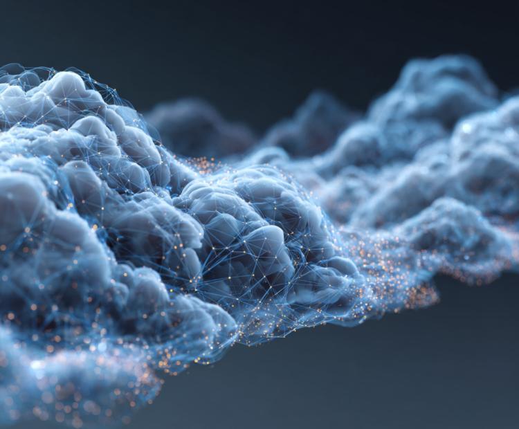 abstract cloud infrastructure visualization, flowing data streams, cloud compute icons, modern minimal enterprise aesthetic