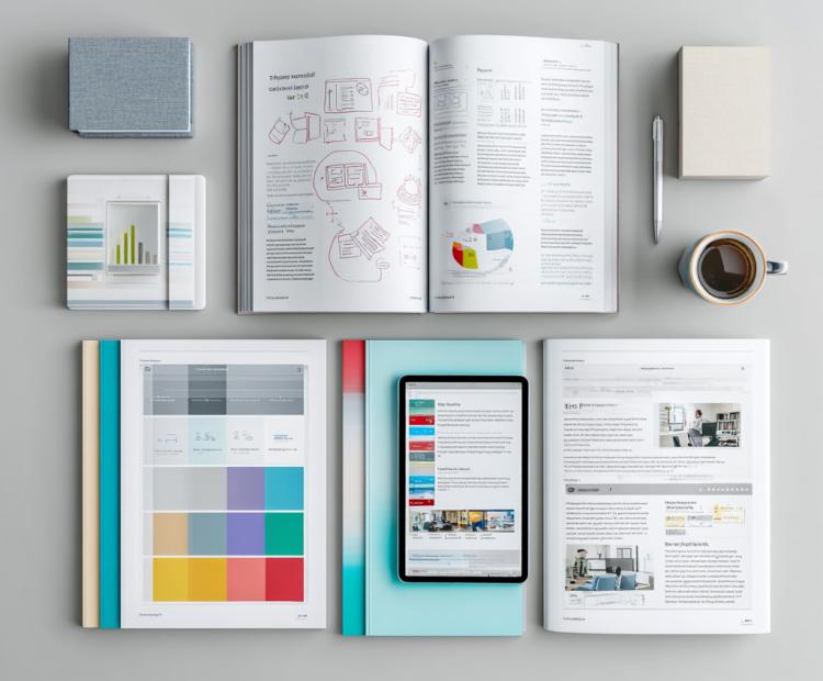 hybrid learning materials spread on workspace, open book with concept diagrams, digital tablet showing educational content UI, structured worksheets, 